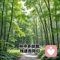 ??“林中多歧路,殊途而同歸”意思是:“樹林中有很多條分叉的路，但是即使路不一樣但是目的地都是同一個(gè)。
?? 路徑差異:不同的人或事物可能選擇完全不同的路徑(如有人選擇崎嶇小道，有人選擇平坦大道)，但最終都能抵達(dá)山頂。
?? 目標(biāo)一致:雖然過程迥異，但終點(diǎn)相同，體現(xiàn)”方法可異，目標(biāo)唯一”的哲學(xué)思想。
?? 人生選擇:不同職業(yè)路徑(如科研、創(chuàng)業(yè)、公務(wù)員)最終都指向?qū)崿F(xiàn)自我價(jià)值這一目標(biāo)。配圖