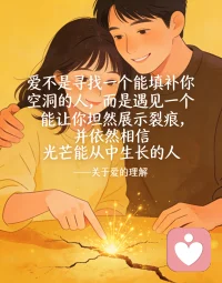 爱不是寻找一个能填补你空洞的人，而是遇见一个能让你坦然展示裂痕，并依然相信光芒能从中生长的人。配图