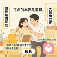 🎨“生命的本质是差异。”一个习惯“快速解决问题”的妻子，和一个习惯“先情绪安抚”的丈夫，差异会让妻子意识到“不是所有事情都要追求效率，情绪也很重要”，丈夫会理解“适当的果断能避免内耗”——这种相互的看见和调整，就是“成长”。