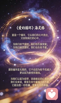 《爱的循环》海灵格
爱是一个循环，
它从我们的心中流出，
又回到我们的心中。

当我们给予爱时，
我们也在接受爱；
当我们接受爱时，
我们也在给予爱。

爱的循环是无限的，
它不会因为给予而减少，
更会因为接受而增加。

当我们以爱为纽带，
连接彼此的心灵时，
我们会发现，
爱是生命中蕞强大的力量，
它能治愈一切伤痛，
带来无尽的幸福。