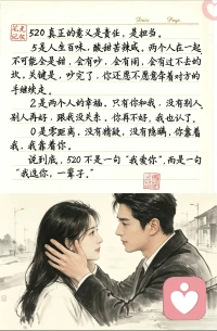 520真正的意义是责任，是担当
5是人生百味，酸甜苦辣咸。两个人在一起不可能全是甜，会有吵，会有闹，会有过不去的坎。关键是，吵完了，你还愿不愿意牵着对方的手继续走。
2是两个人的幸福。只有你和我，没有别人。别人再好，跟我没关系。你再不好，我也认了。
0是零距离。没有猜疑，没有隐瞒，你靠着我，我靠着你。
说到底，520不是一句我爱你，而是一句我选你，一辈子。