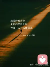1.你生命中出现的问题并不是要阻止你，而是要唤醒你。
2.往外张望的人在做梦，向内审视的人才是清醒的。
3.熟悉的痛苦和未知的恐惧之间，大部分人会选择前者。
——卡尔·荣格配图
