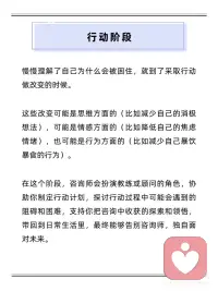 一段完整的心理咨询会有哪几个阶段
心理咨询三阶段，一次说清楚🌿
1️⃣ 探索·诉说
初次咨询，主要是你说，咨询师听👂
建立信任，感受被理解
不急于改变
 
2️⃣ 领悟·看见
在专业引导下
从新角度理解自己
发现行为背后的模式与原因✨
 
3️⃣ 行动·改变
制定具体计划
将领悟带回生活
咨询师会陪伴支持每一步💪
 
💡温馨提示：
过程因人而异，可能循环反复
改变需要时间，慢慢来就好
勇敢探索自己，是成长的开始🌸配图