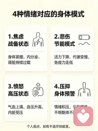 身体从不撒谎
我们总在忽略情绪，
却一直在忍受身体的疼痛。
那些没说出口的委屈、强行咽下的难过、一次次的妥协，
最后都变成颈椎僵硬、胃痛、胸闷、莫名不适。
身体从不撒谎，所有躯体化，都是情绪在求救。
看见自己，读懂身体，停止内耗配图
