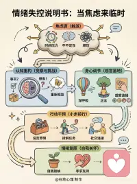 当焦虑突然袭来，心跳加速、大脑空白怎么办
别怕！
1️⃣ 识别信号：先停下来，问问自己：“是真实威胁，还是我的想象？”把事实和恐惧分开。
2️⃣ 身体安抚：立即用“深呼吸法”或“54321感官法”（说出5个看到的、4个摸到的…）把自己拉回当下。
3️⃣ 微小行动：设定一个清晰的界限（比如“今天只处理这件事”），并把任务拆解成“5分钟就能做”的一小步。
4️⃣ 长期关怀：练习自我接纳，告诉自己：“我现在感到焦虑是正常的。”必要时一定要向外寻求支持。
 
焦虑不是你的敌人，它是一个需要被读懂的信号。下次它再敲门时，你就能温柔而坚定地应对。💪配图