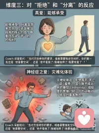 为何你的爱情总是充满控制和抓马？霍妮解读
心理学家卡伦·霍妮有句话特别精准地刺破了许多“深情”背后的真相：
“在真正的爱中，爱的感受是最主要的；而在病态的爱中，最主要的感受乃是安全感的需要，爱的错觉不过是次要的感受罢了。”
很多时候，我们以为爱得轰轰烈烈、死去活来就是真爱。其实，那可能只是一个溺水的人，出于本能死死抱住了一根圆木。你爱的不是圆木，而是它提供的“浮力”（安全感）。
结合霍妮的理论，我做了这5张图，带大家从5个维度深度拆解你的亲密关系。
👇滑动查看5组扎心对比👇
图1️⃣：动力的源头（Motivation）
✨真爱是“能量溢出”： 我自身丰盈，想要与你分享生命，滋养彼此成长。
🥀病态爱是“匮乏填补”： 我内心是一个黑洞，独自面对世界太焦虑，必须抓住你才能生存。
图2️⃣：对伴侣的定位（Perception）
✨真爱是看见“真实的人”： 拿着放大镜接纳你的优点和局限，爱具体而真实的你。
🥀病态爱是寻找“魔力帮手”： 把你神化成全能父母或拯救者。一旦你表现出凡人的弱点，我就感觉被背叛了。
图3️⃣：面对拒绝和分离（Rejection）
✨真爱是“能够承受”： 你需要空间，我会失落，但我的核心价值不会因此崩塌。
🥀病态爱是“灾难化体验”： 你的拒绝等于宣告我的“死亡”。我会瞬间暴怒（毁了你）或极度卑微（求求你别走）。
图4️⃣：控制与服从（Control vs Mutuality）
✨真爱是“互助与平等”： 像两个园丁，允许差异，无需强行改变对方。
🥀病态爱是“隐蔽的控制”： 要么用强权勒索：“我爱你你必须听我的”；要么用软弱勒索：“你爱我就该为我承担一切”。
图5️⃣：爱的感受质地（Feeling Quality）
✨真爱是“温暖稳定”： 像在夕阳下喝茶，能在平淡中感受到深刻的连接与滋养。
🥀病态爱是“抓马过山车”： 必须有大起大落的Drama证明爱的存在，一旦平淡就心慌。
写在最后：
做这个区分，不是为了给自己贴上“有病”的标签进行自我审判。
霍妮告诉我们，我们大多数人都在这两者之间摇摆。觉察，是疗愈的开始。
当你意识到自己是在“抓取安全感”而不是在“爱”的时候，你就可以停下来，抱抱内心那个受惊吓的小孩，而不是向外索取。配图