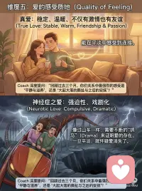 为何你的爱情总是充满控制和抓马？霍妮解读
心理学家卡伦·霍妮有句话特别精准地刺破了许多“深情”背后的真相：
“在真正的爱中，爱的感受是最主要的；而在病态的爱中，最主要的感受乃是安全感的需要，爱的错觉不过是次要的感受罢了。”
很多时候，我们以为爱得轰轰烈烈、死去活来就是真爱。其实，那可能只是一个溺水的人，出于本能死死抱住了一根圆木。你爱的不是圆木，而是它提供的“浮力”（安全感）。
结合霍妮的理论，我做了这5张图，带大家从5个维度深度拆解你的亲密关系。
👇滑动查看5组扎心对比👇
图1️⃣：动力的源头（Motivation）
✨真爱是“能量溢出”： 我自身丰盈，想要与你分享生命，滋养彼此成长。
🥀病态爱是“匮乏填补”： 我内心是一个黑洞，独自面对世界太焦虑，必须抓住你才能生存。
图2️⃣：对伴侣的定位（Perception）
✨真爱是看见“真实的人”： 拿着放大镜接纳你的优点和局限，爱具体而真实的你。
🥀病态爱是寻找“魔力帮手”： 把你神化成全能父母或拯救者。一旦你表现出凡人的弱点，我就感觉被背叛了。
图3️⃣：面对拒绝和分离（Rejection）
✨真爱是“能够承受”： 你需要空间，我会失落，但我的核心价值不会因此崩塌。
🥀病态爱是“灾难化体验”： 你的拒绝等于宣告我的“死亡”。我会瞬间暴怒（毁了你）或极度卑微（求求你别走）。
图4️⃣：控制与服从（Control vs Mutuality）
✨真爱是“互助与平等”： 像两个园丁，允许差异，无需强行改变对方。
🥀病态爱是“隐蔽的控制”： 要么用强权勒索：“我爱你你必须听我的”；要么用软弱勒索：“你爱我就该为我承担一切”。
图5️⃣：爱的感受质地（Feeling Quality）
✨真爱是“温暖稳定”： 像在夕阳下喝茶，能在平淡中感受到深刻的连接与滋养。
🥀病态爱是“抓马过山车”： 必须有大起大落的Drama证明爱的存在，一旦平淡就心慌。
写在最后：
做这个区分，不是为了给自己贴上“有病”的标签进行自我审判。
霍妮告诉我们，我们大多数人都在这两者之间摇摆。觉察，是疗愈的开始。
当你意识到自己是在“抓取安全感”而不是在“爱”的时候，你就可以停下来，抱抱内心那个受惊吓的小孩，而不是向外索取。配图