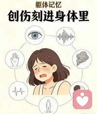 躯体记忆：创伤刻进身体里
记忆，有些是能够回忆和说出来的，还有一些直接存进了身体里。身体的内感受、外感受，藏在我们的肌肉、内脏、神经里，成了内隐记忆的一部分。
有些触发物能够触发这些身体感受：
- 外感受的触发：看到相似的场景、听到熟悉的声音、闻到特定的气味；
- 内感受的触发：肌肉的某个姿势、身体的某个动作，甚至只是心率加快、呼吸急促。
这就是为什么一首歌、一种味道、一阵熟悉的气味，能突然把我们拉回很多年前的某个瞬间——不是我们主动想起，而是当下的感觉，复刻了当年的感官输入，触发了状态依存回忆，那些没说出口的情绪、没记清的画面，会跟着感觉一起涌上来。
对于经历过创伤的人，很多痛苦都来自这些身体记忆。剧烈的创伤会让大脑来不及把感受转化成逻辑和语言，于是大部分记忆，就永远停在了身体的感觉里。他们会被莫名的躯体症状折磨：心慌、紧绷、疼痛、失控，却不知道这些感觉从哪来——因为它们是创伤的内隐记忆，没有对应的文字标签，也就没法被理解、被安抚。
创伤中的闪回不是简单的“想起那件事”，而是创伤的内隐感觉记忆在当下重演了。某个触发物——可能是一声巨响、一个姿势、甚至只是心跳突然变快——都会启动闪回。那一刻，身体里的感觉和创伤发生时一模一样，人会彻底分不清“现在”和“过去”，仿佛那件可怕的事正在当下发生。
很多创伤患者没法好好运动，就是因为锻炼时的心跳加速、呼吸急促，会触发状态依存回忆，让身体瞬间回到创伤时的恐惧里；就连咖啡、茶里的兴奋剂带来的心慌，都可能成为引爆情绪的导火索。
所以创伤治疗的核心，是帮人重新读懂自己的身体：先在身体里认出这些感觉，再用语言给它们命名、描述，搞清楚这些当下的感受，到底对应着过去哪段创伤。只有把藏在身体里的、没说出口的记忆，重新拉回意识里，人才能真正分清“过去的危险”和“现在的安全”，从躯体记忆的枷锁里，慢慢走出来。配图