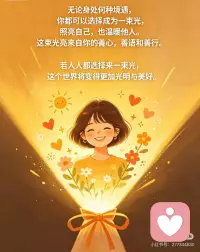 心有善念，自带光芒💛
生活从来都不容易
但不管遇到什么样的境遇
别忘了，你永远可以选择善良
一句暖心的话，一个善意的举动
一份纯粹的善心
都是属于你的光芒
既能治愈自己，也能温暖旁人
世界的美好，从来不是一个人做很多
而是每个人都做一点点
愿我们都能做一束微光
温柔岁月，照亮归途配图