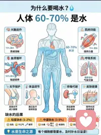 💦水 健康的基础
💧水是生命之源！
🧍人体60%-70%都是水！
🧡按时喝水，给身体加满能量
🛡守护循环、代谢、关节、皮肤全健康
✨活力满满一整天✨配图