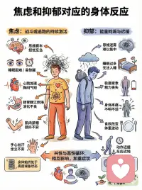 焦虑和抑郁的身体反应
你的身体正在发出求救信号吗？
 
焦虑和抑郁不仅是情绪问题，更会真实地反应在身体上。
🔸焦虑（橙色预警）：身体持续处于“战斗或逃跑”的高压状态。表现为胡思乱想、心跳加速💓、肌肉紧绷、坐立难安，时刻高度戒备。
🔹抑郁（蓝色低谷）：能量被耗尽，一切都变慢了。表现为思维迷雾🌫️、极度疲惫、食欲睡眠改变、身体疼痛，仿佛被抽空了能量🔋。
这两者常常相互影响，形成恶性循环🔄。别忽视身体的SOS，请倾听它的声音，给予自己更多关怀，必要时寻求专业支持。配图