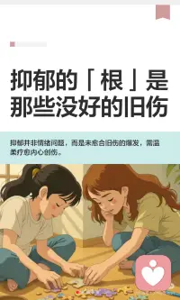抑郁的根是那些没好的旧伤
抑郁并非单纯的情绪问题，而是未愈合旧伤的爆发。
童年忽视、孤独、否定等创伤被压抑，最终在脆弱时候集体爆发。
抑郁提醒我们旧伤还在，需要疗愈。
允许自己难过，慢慢抚平伤痛，才是真正的疗 愈。配图
