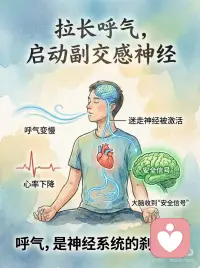 呼吸不是放松技巧，而是神经系统开关
很多人练呼吸，是因为“想放松”。
 
但从神经科学的角度看，
呼吸真正改变的，并不是情绪本身，
而是神经系统的运行模式。
 
当你焦虑、紧张、过度思考时，
大脑的警报系统（杏仁核）处于高度活跃状态。
交感神经启动，
心跳加快，呼吸变浅变快，
身体默认“有危险”。
 
这时候如果你只靠“想开一点”，
大脑并不会买账。
 
但呼吸不一样。
当你刻意拉长呼气，
副交感神经（尤其是迷走神经）会被激活。
心率开始下降，
肌肉慢慢放松，
大脑收到一个非常具体的信号：
现在是安全的。
 
平静并不是被说服的，
而是被身体确认的。
 
所以呼吸练习真正有效的地方，
不在于“深”，
而在于“慢”和“长”。
 
尤其是呼气——
它是神经系统的刹车键。
 
你不需要一次练很久。
当你快要被情绪卷走时，
只做一件事：
调整呼吸
重复几轮。
 
不是为了马上变好，
而是让系统重新获得调节能力。
 
很多时候，
我们需要改变的不是想法，
而是节律。
当节律稳定，
大脑才会慢下来。配图
