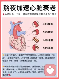 当我们熬夜时，身体的生物钟被打乱🕛，
心脏也不得不跟着加班加点地工作💔。
这会导致心脏跳动不规律，血压升高，血液循环也会变得不畅🚫。
长期如此，心脏就会像一个过度劳累的小马达，逐渐失去动力，甚至可能出现心跳加速、心慌、胸闷、心衰的症状😣。
更可怕的是，熬夜还会增加猝4⃣的风险😱！配图