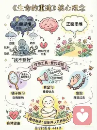 如何真正爱自己？露易丝·海的疗愈魔法💖
总是陷入自我怀疑？觉得生活充满了荆棘和风雨？🌧️ 身体时不时发出健康警报，内心也总是充满了焦虑和怨恨？😟
 
亲爱的，也许这一切的根源，都来自那个深埋心底的信念——“我不够好”。
 
最近重温了露易丝·海的经典之作《生命的重建》，特地整理了这张超治愈的手绘精华图分享给大家。它就像一张心灵地图，告诉我们如何从负面思维的泥沼中走出来，踏上一条开满鲜花的疗愈之路。🌸
 
👇核心理念：爱是唯一的答案👇
我们生活中的大部分痛苦、身体的失衡，往往源于批判、恐惧、内疚和怨恨。而解药，就是“爱的实践”。
 
图中展示了三个最强大、也最易操作的疗愈工具，每天坚持，奇迹就会发生：
 
🪞 工具一：镜子练习（自我接纳） 每天看着镜子里的自己，真诚地对TA说：“我爱你，真的爱你。” 哪怕一开始觉得尴尬或抗拒，也要坚持。这是与自己和解最快的方式。
 
📣 工具二：肯定句（重塑信念） 你的思想塑造了你的现实。像图中的大喇叭一样，对自己大声宣告正向的信念：“我是健康的！”💪“我值得被爱！”💖 用新的思维模式替换旧的。
 
🦋 工具三：宽恕（释放过去） 抓住过去的伤害不放，就像手里紧紧拽着沉重的铁链。选择宽恕，不是为了别人，而是为了放过自己。当你松开手，那些沉重的过往就会化作蝴蝶飞走，你也就获得了自由。
 
✨ 最终目标：我爱并认可我自己 ✨
当我们开始实践爱，神奇的事情就会发生： 身体会越来越健康💓，内心会越来越平静🧘‍♀️。
请记住，你生而不可限量，你值得拥有这世上最美好的一切。从今天开始，试着对自己好一点，再好一点。配图