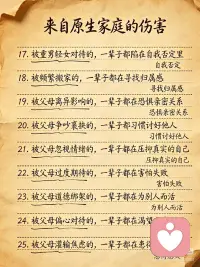 来自原生家庭的伤害
原生家庭的伤可以被治愈，
学会自我觉察与疗愈，
终能改写人生剧本，做自己的主人。配图