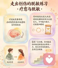 创伤后，疗愈与脱敏是关键。
消耗意志力把创伤压抑在潜意识层面，表面上看起来岁月静好、风平浪静
但那些被压抑的创伤一见到敏感源就跳出来小题大做
当你讲创伤经历就跟讲别人的故事一样，一点情绪都不起，说明已经不在乎这件事，疗愈了
假如讲时还声泪俱下，有明显生理反应，说明还有很多郁结情绪没有宣泄完
疗愈就是要用现在的智慧有意识地重构当年的经历
有的创伤比较大而且持续发酵的时间又比较长久，不可能只做几次就能和解的。
每做一次功课，你对敏感源的敏感程度就会降低一点，经过长时间的强化，直到完全脱敏。
第一步：有意识回放创伤情境
1.当时受创伤情境的画面
2.当时的状态、感受和情绪
3.当时无意识层面的限制性信念
当创伤记忆再现脑海时，同时激活当时的情绪状态，甚至会引起生理反应。
如果创伤太大，提取时要适可而止，不要让情绪反应太过激烈
第二步：换框，用今天的智慧应对当年的危机
用更高格局、更远视野、更理性的思维来审视当时的事件和你的反应。
用更高的智慧和更理性的思维改写那个故事，才有可能把自己从痛苦中解救出来
第三步：刷新底层软件
1.过去错误解读
2.伤害方受他自己成长经历，认知水平和社会环境影响
3.加害方行为真极端，罪不可恕
要从仇恨中走出来，释放内存干真正重要的事情
宽恕的受益者不是加害方，而是你自己。
加害方甚至都不知道你还在较劲，只有接纳事实、原谅对方才能释放内存，开辟新的生活。
不能放下仇恨，仇恨就一直占据着潜意识，时不时引发过激反应。
盘—拷—关—回—换—谈”的创伤脱敏全流程
盘点：
自己屡屡被引爆的过激反应模式，最近爆发的激烈情绪反应是最好的线索
拷问：
用理性思维拷问自己为什么对此类事情如此敏感，反应如此激烈，追溯童年的类似相关经历。（过激反应模式隐藏在潜意识层面，并不容易发现）
关联：
把过激反应和童年创伤事件进行关联，找到“过敏源”​（很多时候，找到问题就解决了问题的大半）
回放:
回放创伤经历，在脑海里调出创伤情境的画面以及随之而来的负面情绪,潜意识层面形成的限制性信念，注意要适度
换框：
用现在的智慧和思维重新审视当年的事件，从而升级对事件解读的故事版本
谈话：
用持续与自我谈话的方式把新的故事版本和反应程序植入潜意识。配图