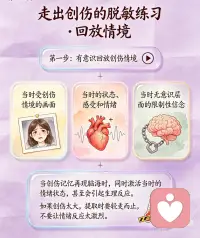 创伤后，疗愈与脱敏是关键。
消耗意志力把创伤压抑在潜意识层面，表面上看起来岁月静好、风平浪静
但那些被压抑的创伤一见到敏感源就跳出来小题大做
当你讲创伤经历就跟讲别人的故事一样，一点情绪都不起，说明已经不在乎这件事，疗愈了
假如讲时还声泪俱下，有明显生理反应，说明还有很多郁结情绪没有宣泄完
疗愈就是要用现在的智慧有意识地重构当年的经历
有的创伤比较大而且持续发酵的时间又比较长久，不可能只做几次就能和解的。
每做一次功课，你对敏感源的敏感程度就会降低一点，经过长时间的强化，直到完全脱敏。
第一步：有意识回放创伤情境
1.当时受创伤情境的画面
2.当时的状态、感受和情绪
3.当时无意识层面的限制性信念
当创伤记忆再现脑海时，同时激活当时的情绪状态，甚至会引起生理反应。
如果创伤太大，提取时要适可而止，不要让情绪反应太过激烈
第二步：换框，用今天的智慧应对当年的危机
用更高格局、更远视野、更理性的思维来审视当时的事件和你的反应。
用更高的智慧和更理性的思维改写那个故事，才有可能把自己从痛苦中解救出来
第三步：刷新底层软件
1.过去错误解读
2.伤害方受他自己成长经历，认知水平和社会环境影响
3.加害方行为真极端，罪不可恕
要从仇恨中走出来，释放内存干真正重要的事情
宽恕的受益者不是加害方，而是你自己。
加害方甚至都不知道你还在较劲，只有接纳事实、原谅对方才能释放内存，开辟新的生活。
不能放下仇恨，仇恨就一直占据着潜意识，时不时引发过激反应。
盘—拷—关—回—换—谈”的创伤脱敏全流程
盘点：
自己屡屡被引爆的过激反应模式，最近爆发的激烈情绪反应是最好的线索
拷问：
用理性思维拷问自己为什么对此类事情如此敏感，反应如此激烈，追溯童年的类似相关经历。（过激反应模式隐藏在潜意识层面，并不容易发现）
关联：
把过激反应和童年创伤事件进行关联，找到“过敏源”​（很多时候，找到问题就解决了问题的大半）
回放:
回放创伤经历，在脑海里调出创伤情境的画面以及随之而来的负面情绪,潜意识层面形成的限制性信念，注意要适度
换框：
用现在的智慧和思维重新审视当年的事件，从而升级对事件解读的故事版本
谈话：
用持续与自我谈话的方式把新的故事版本和反应程序植入潜意识。配图