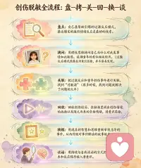 创伤后，疗愈与脱敏是关键。
消耗意志力把创伤压抑在潜意识层面，表面上看起来岁月静好、风平浪静
但那些被压抑的创伤一见到敏感源就跳出来小题大做
当你讲创伤经历就跟讲别人的故事一样，一点情绪都不起，说明已经不在乎这件事，疗愈了
假如讲时还声泪俱下，有明显生理反应，说明还有很多郁结情绪没有宣泄完
疗愈就是要用现在的智慧有意识地重构当年的经历
有的创伤比较大而且持续发酵的时间又比较长久，不可能只做几次就能和解的。
每做一次功课，你对敏感源的敏感程度就会降低一点，经过长时间的强化，直到完全脱敏。
第一步：有意识回放创伤情境
1.当时受创伤情境的画面
2.当时的状态、感受和情绪
3.当时无意识层面的限制性信念
当创伤记忆再现脑海时，同时激活当时的情绪状态，甚至会引起生理反应。
如果创伤太大，提取时要适可而止，不要让情绪反应太过激烈
第二步：换框，用今天的智慧应对当年的危机
用更高格局、更远视野、更理性的思维来审视当时的事件和你的反应。
用更高的智慧和更理性的思维改写那个故事，才有可能把自己从痛苦中解救出来
第三步：刷新底层软件
1.过去错误解读
2.伤害方受他自己成长经历，认知水平和社会环境影响
3.加害方行为真极端，罪不可恕
要从仇恨中走出来，释放内存干真正重要的事情
宽恕的受益者不是加害方，而是你自己。
加害方甚至都不知道你还在较劲，只有接纳事实、原谅对方才能释放内存，开辟新的生活。
不能放下仇恨，仇恨就一直占据着潜意识，时不时引发过激反应。
盘—拷—关—回—换—谈”的创伤脱敏全流程
盘点：
自己屡屡被引爆的过激反应模式，最近爆发的激烈情绪反应是最好的线索
拷问：
用理性思维拷问自己为什么对此类事情如此敏感，反应如此激烈，追溯童年的类似相关经历。（过激反应模式隐藏在潜意识层面，并不容易发现）
关联：
把过激反应和童年创伤事件进行关联，找到“过敏源”​（很多时候，找到问题就解决了问题的大半）
回放:
回放创伤经历，在脑海里调出创伤情境的画面以及随之而来的负面情绪,潜意识层面形成的限制性信念，注意要适度
换框：
用现在的智慧和思维重新审视当年的事件，从而升级对事件解读的故事版本
谈话：
用持续与自我谈话的方式把新的故事版本和反应程序植入潜意识。配图