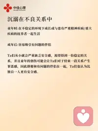 八大投射丨童年创伤如何影响成人关系？
在童年时期，抚养者对待孩子的方式、抚养者之间的互动模式，都会塑造孩子对于自己和外在世界的认知，也同样会左右孩子在成年之后的人际关系
这主要在于抚养者和小孩的互动模式，会影响其三个基本认知👇
1.自我意识
2.沟通方式
3.如何建立关系
 
✨如果我们的童年缺失了幸福感、安全感、认同感，又或是童年中缺位了可靠的成年人形象，这些缺失感对我们成年之后的很多身心障碍都存在直接相关
童年创伤的“治愈”是一种非常主观的感受
而心理咨询的意义就是帮助来访者识别、处理这些记忆和负能量，避免来访者周而复始地陷入创伤漩涡里。配图