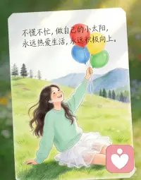 享受当下，日常皆好看，人间也浪漫。
[樱花R]人生最好的时刻，永远是当下，不用担心结果怎样，享受过程本就很美好。
[樱花R]细心料理的生活，日常皆好看，人间也浪漫。
[樱花R]既然最不了命运最好的编导，那就去当人生最好的演员。
[樱花R]不慌不忙，做自己的小太阳，永远热爱生活，永远积极向上。
 
[氛围感R] 我们总是急着赶路，急着到达，急着证明自己。可是到了又怎样呢？到了之后，还有下一站。真正握在手里的，从来不是远方的终点，而是此刻脚下踩着的路。人生是由每一个起舞的瞬间构成，每一个此刻，就是最好的时刻。
[氛围感R]把租来的小屋收拾干净，在瓶里插一枝应季的花。认真吃早饭，慢慢走夜路。给远方的朋友写长长的信，虽然最后可能不会寄出。像《枭起青壤》中聂九罗一样，把每天的一点点小想法，都记录在星星纸上，折进星星里，把这些生活中微小的、不值一提的快乐收集起来——像小时候攒糖纸，一张一张，压平了，收进铁盒子里。偶尔打开，满眼都是亮晶晶的。
[氛围感R]日常皆好看，人间也浪漫，不要等着生活变好了再去热爱，就在这寻常的、琐碎的、不完美的当下，深深地、用力地，热爱着它。像一棵植物热爱阳光那样简单，做自己的小太阳，不用多亮，暖着自己就够了。然后，慢慢地走，慢慢地看，慢慢地，把这有限的一生，活成自己想要的样子。配图