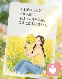 享受当下，日常皆好看，人间也浪漫。
[樱花R]人生最好的时刻，永远是当下，不用担心结果怎样，享受过程本就很美好。
[樱花R]细心料理的生活，日常皆好看，人间也浪漫。
[樱花R]既然最不了命运最好的编导，那就去当人生最好的演员。
[樱花R]不慌不忙，做自己的小太阳，永远热爱生活，永远积极向上。
 
[氛围感R] 我们总是急着赶路，急着到达，急着证明自己。可是到了又怎样呢？到了之后，还有下一站。真正握在手里的，从来不是远方的终点，而是此刻脚下踩着的路。人生是由每一个起舞的瞬间构成，每一个此刻，就是最好的时刻。
[氛围感R]把租来的小屋收拾干净，在瓶里插一枝应季的花。认真吃早饭，慢慢走夜路。给远方的朋友写长长的信，虽然最后可能不会寄出。像《枭起青壤》中聂九罗一样，把每天的一点点小想法，都记录在星星纸上，折进星星里，把这些生活中微小的、不值一提的快乐收集起来——像小时候攒糖纸，一张一张，压平了，收进铁盒子里。偶尔打开，满眼都是亮晶晶的。
[氛围感R]日常皆好看，人间也浪漫，不要等着生活变好了再去热爱，就在这寻常的、琐碎的、不完美的当下，深深地、用力地，热爱着它。像一棵植物热爱阳光那样简单，做自己的小太阳，不用多亮，暖着自己就够了。然后，慢慢地走，慢慢地看，慢慢地，把这有限的一生，活成自己想要的样子。配图