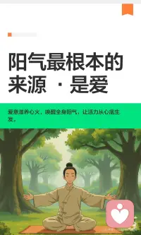阳气最根本的来源 ·是爱
滋养阳气的关键在于心底的爱意，而非外在的补品或锻炼。内心充满爱意时，心火温润，阳气充盈，身体自然健康；反之，内心荒芜，阳气耗竭，身体易生病。真正的养阳，是通过热爱生活、善待自己、温柔待人、热爱日常，让爱意自然生长。配图