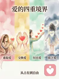 爱的四重境界｜你在哪一层？
很多人终其一生，都只停留在第一层。
1️⃣ 第一层：索取爱
我对你好，你必须对我好。
付出一点就盼着回报，
得不到就委屈、内耗、指责。
把爱当成交易，最后两败俱伤。
2️⃣ 第二层：交换爱
你给我情绪价值，我给你陪伴。
你懂我，我才对你好。
看似公平，实则满是算计，
一旦失衡，立刻心寒。
3️⃣ 第三层：付出爱
我心甘情愿对你好，
不追问，不逼迫，不控制。
哪怕没有回应，也不后悔。
懂得爱是给予，不是占有。
4️⃣ 第四层：放下爱
爱的最高境界，
是不求回报，不问结果。
我真心待你，是我的修行；
你如何待我，是你的造化。
不纠缠，不执念，不伤害自己。
成全你，也放过我。
真正高级的爱，
是你依然善良，依然真诚，
却不再被任何人左右情绪。
爱的四重境界，你在哪一层？配图