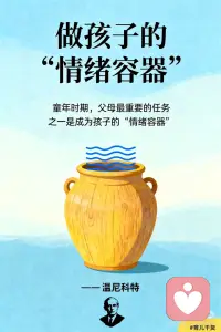 做孩子的“情绪容器”，而非灭火器！🔥
当孩子撒泼打滚、哭喊尖叫时，你的第一反应是什么？ 是讲道理？呵斥？还是妥协？
❌ 这些做法往往让情况更糟！因为你忽略了孩子情绪风暴背后的真正需求。
✨ 英国心理学大师温尼科特提出了一个超棒的概念：父母要做孩子的 “情绪容器” 。
“童年时期，父母最重要的任务之一是成为孩子的‘情绪容器’。” —— 温尼科特 (儿童心理分析大师)
🧩 这是什么意思？ 想象一下，孩子的激烈情绪（愤怒、悲伤、恐惧）像一股滚烫的热水。如果我们用一个脆弱的玻璃杯去接，杯子会炸裂（就像我们被激怒、崩溃）。 但如果我们用一个坚固的 “容器” 去接住它，不仅能容纳，还能让水慢慢冷却、平静下来。
🌊 这个“容器”，就是情绪稳定的我们。
✅ 做容器 ≠ 溺爱妥协 ✅ 做容器 = 接纳情绪 + 设立边界
👇具体怎么做？4步搞定！
1️⃣ 保持自己冷静 (先给自己默念：我是容器我是容器…) 深呼吸，稳住情绪。你的平静是孩子最好的镇定剂。
2️⃣ 替他说出感受 (帮情绪“命名”) “宝宝，你气哭了，是因为积木倒了吗？” “你看起来非常非常失望。”
3️⃣ 无条件接纳 (允许情绪存在) 抱住他，或陪在他身边。 “没关系，妈妈知道你很伤心，可以哭一会儿。”
4️⃣ 陪伴直至平静 (让情绪“冷却”) 不需要马上说教。等他风暴过去，再轻轻问：“现在感觉好一点了吗？我们一起来想办法。”
💡记住： 当我们一次次地接住孩子的情绪，他就能从我们这里学会如何接纳和管理自己的情绪。这是送给孩子一生最好的礼物！🎁配图