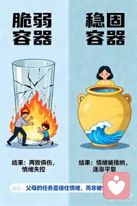 做孩子的“情绪容器”，而非灭火器！🔥
当孩子撒泼打滚、哭喊尖叫时，你的第一反应是什么？ 是讲道理？呵斥？还是妥协？
❌ 这些做法往往让情况更糟！因为你忽略了孩子情绪风暴背后的真正需求。
✨ 英国心理学大师温尼科特提出了一个超棒的概念：父母要做孩子的 “情绪容器” 。
“童年时期，父母最重要的任务之一是成为孩子的‘情绪容器’。” —— 温尼科特 (儿童心理分析大师)
🧩 这是什么意思？ 想象一下，孩子的激烈情绪（愤怒、悲伤、恐惧）像一股滚烫的热水。如果我们用一个脆弱的玻璃杯去接，杯子会炸裂（就像我们被激怒、崩溃）。 但如果我们用一个坚固的 “容器” 去接住它，不仅能容纳，还能让水慢慢冷却、平静下来。
🌊 这个“容器”，就是情绪稳定的我们。
✅ 做容器 ≠ 溺爱妥协 ✅ 做容器 = 接纳情绪 + 设立边界
👇具体怎么做？4步搞定！
1️⃣ 保持自己冷静 (先给自己默念：我是容器我是容器…) 深呼吸，稳住情绪。你的平静是孩子最好的镇定剂。
2️⃣ 替他说出感受 (帮情绪“命名”) “宝宝，你气哭了，是因为积木倒了吗？” “你看起来非常非常失望。”
3️⃣ 无条件接纳 (允许情绪存在) 抱住他，或陪在他身边。 “没关系，妈妈知道你很伤心，可以哭一会儿。”
4️⃣ 陪伴直至平静 (让情绪“冷却”) 不需要马上说教。等他风暴过去，再轻轻问：“现在感觉好一点了吗？我们一起来想办法。”
💡记住： 当我们一次次地接住孩子的情绪，他就能从我们这里学会如何接纳和管理自己的情绪。这是送给孩子一生最好的礼物！🎁配图