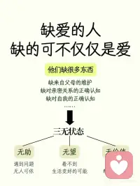 缺爱也不必害怕，可以从以下几个方面改善：
1. 重建安全感：
- 承认自己的需求合理：从今天开始，允许自己说我需要我不喜欢。
- 设置情感账户：对过度索取的关系勇敢止损，优先投资那些双向滋养的关系（如支持你的朋友、心理咨询师）。
- 小练习：每天记录一件我为自己争取权益的事，哪怕只是拒绝一次加班。
---
2. 重塑亲密认知：
- 学习健康关系的基本要素：通过书籍（如《关系的重建》《亲密关系》）、课程或心理咨询，了解平等关系应有的边界、沟通方式。
- 从低风险关系开始练习：先与宠物、植物建立联结，再逐步尝试现实中的深度交流。观察那些让你感到舒适的人是如何表达需求的。
- 关键思维转换：把TA不理我=我被讨厌替换为TA可能正在忙，我有权直接询问。
---
3. 制定人生导航图：
- 制作兴趣探索清单：列出所有你曾好奇的事（哪怕看似无用，如陶艺、观鸟），每周尝试其中一项。
- 设计多元目标体系：将人生划分为职业发展情感健康自我探索等维度，每个维度设定1个微小目标（如本周约同事午餐1次）。
- 接受阶段性迷茫：把找不到人生意义转化为我正在收集更多生活体验，答案会逐渐清晰。
---
4. 整合自我认知：
- 收集积极反馈：创建优点便签墙，请信任的人写下他们欣赏你的3个特质，每天阅读。
- 区分事实与感受：当产生我肯定做不好的想法时，问自己：是否有证据证明我做不好？过去是否有成功经验？
- 练习真实表达：每天刻意做一件违背习惯但符合内心的事，如主动分享脆弱、展示不完美。
---
5. 唤醒感知力：
- 感官再训练：每天用5分钟专注体验一种感官刺激（如咖啡的香气、阳光的温度），用笔记本记录身体感受。
- 设计快乐实验：像科学家一样测试什么能带来愉悦感。例如：今天散步时数10种蓝色物体、尝一口食物后延迟5秒再吞咽。
- 建立希望档案：收集那些让你短暂感到生活还不错的瞬间（如路人的微笑、好天气），低谷时重温。
 
当你开始每天为自己做一点微小却坚定的改变时，你已经不再是那个无助的孩子——而是一个正在学习自我哺育的成年人。配图