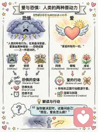 此时此刻，基于爱还是基于恐惧？
当我们对一个人大吼大叫时，我们到底在表达什么？ 🤬
 
甚至当我们拼命想要抓住某段关系、或是疯狂囤积金钱时，内心深处的潜台词又是什么？
 
以前我总觉得情绪好复杂：委屈、嫉妒、焦虑、愤怒... 像一团理不清的乱麻。
 
直到看到《与神对话》这一句话，瞬间清醒：
 
“人类的所有行为，在其最深层面，都是由两种情绪——恐惧或爱——之一所驱动的。”
 
原来，这个世界没有复杂的剧本，只有两个源头：
 
👉 要么是爱，要么是恐惧。
 
🎭 【撕开情绪的伪装】
 
当你嫉妒时 🍋
表象：你怎么能比我好？
真相（恐惧）：我害怕自己不够优秀，我害怕被世界遗忘。
 
当你控制欲爆棚时 🤏
表象：你必须听我的！
真相（恐惧）：我害怕失控，我害怕如果不抓紧，一切都会崩塌。
 
当你愤怒攻击时 💥
表象：我要伤害你！
真相（恐惧）：我害怕自己受伤害，所以我先穿上带刺的铠甲。
 
看到了吗？所有的负面情绪，本质上都是一个缩成一团、瑟瑟发抖的小孩在喊：“我好怕！” 🥺
 
❤️ 【如何一键切换到“爱”？】
既然知道了原理，破解方法就变得无比简单。
下次当你陷入纠结、想发火、或不敢迈出那一步时，请按下暂停键⏸️，深呼吸，问自己这个“神之提问”：
 
✨ “现在，爱会怎么做？” ✨
 
恐惧会让你收缩、封闭、攻击、囤积。
爱会让你扩张、开放、疗愈、分享。
 
当我问出这句话时，我发现我的愤怒瞬间消散了，取而代之的是一种深深的悲悯——对自己，也对他人。
 
这一生，不过是一场从恐惧走向爱的旅程。
愿我们每次做选择时，都能勇敢地以此为念。🙏
 
保存这张手绘图，时刻提醒自己：
此刻的你，是被恐惧驱动，还是由爱驱动？配图