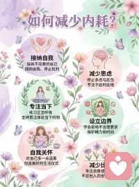 给心灵一次花开的机会：6步告别精神内耗✨
你是否常感到身心俱疲，却不知道为什么？很多时候，这其实是精神内耗在作怪。
 
这张超治愈的水彩插画，用花朵与蝴蝶为我们指明了6条减少内耗的路径：🌸
接纳自我：拥抱不完美的自己，停止内在批判。
减少思虑：不再胡思乱想和反刍，专注于当下。
专注当下：练习正念呼吸，全神贯注体验此刻。
设立边界：学会拒绝不合理要求，保护精力和时间。
自我关怀：对自己多一点温柔，创造生活仪式感。
减少比较：专注自身成长，不在他人的世界里内耗。
愿你在这繁花中，找回内心的宁静。💗配图