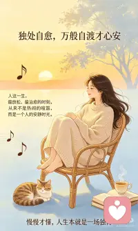 独处自愈，万般自渡才心安
人这一生，最放松、最治愈的时刻，从来不是热闹的喧嚣，而是一个人的安静时光。
寻一方喜欢的角落，暂时抛开所有人情世故，不用勉强合群，不用费心迎合，不必迁就任何人的情绪，也不用伪装自己。
静静坐着，吹一吹晚风，听听舒缓的音乐，慢看世间风景，独享一份清净与自在。放下杂念，清空烦恼，好好陪伴自己，感受这份难得的松弛，治愈疲惫的身心。
当你学会独处，靠近所有喜欢的事物，温柔便会慢慢滋养身心，浮躁渐渐褪去，心事慢慢沉淀，日子越发明朗通透，内心也慢慢丰盈从容。
慢慢才懂，人生本就是一场独行。风雨是自己的，委屈是自己的，酸甜苦辣，万般滋味，终究要自己品尝、自己扛下。 旁人只能陪你一程，却无法替你经历坎坷，更不能代替你感受生活的悲欢冷暖。
心宽一寸，路宽一丈；心若释然，万般皆轻。看淡是非得失，放下执念纠结，烦恼自然变少，快乐如约而至。
起落浮沉皆是常态，悲欢离合都是生活，世事万般，唯有自渡，方能心安。
时光不语，却默默沉淀一切。岁月走过，总会留下深刻的痕迹，藏着过往的温柔与赤诚，藏着生活的厚重与鲜活。
一路走来，所有经历、遇见与遗憾，都化作心底绵长的韵味。那些刻在时光里的印记，如星光温润，自带力量；那些藏在岁月里的故事，沉淀过往，温润余生。
历经世事，慢慢沉淀，不慌不忙，向内修行。接纳生活的不完美，和解所有不如意，在独处中自愈，在沉淀中成长。
守好本心，放宽心境，以温柔渡岁月，以从容过余生，淡淡生活，慢慢自愈，岁岁安然。配图