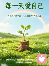我用爱来迎接内在小孩
走到镜子面前，凝视着你的眼睛。看穿镜子中那个成人的外表，迎接你的内在小孩。这个孩子想告诉你什么？
 
1.找一张你5岁左右的照片，将照片贴在卫生间的镜子上。
 
2.端详这张照片几分钟。你看到了什么？你看到的是一个快乐的孩子吗？或是一个不开心的孩子？
 
3.看着镜子，对着你的内在小孩说话（你可以看着照片，或直接注视自己的眼睛——选择会让你更自在的做法）。如果你童年时有小名，就用这个小名来召唤你的内在小孩。更好的方式是坐在镜子面前，如果是站着，你可能会因为对话时太难受而逃离。所以建议你坐着，身边备好面巾纸，然后开始跟你的内在小孩说话。
 
4.敞开你的心扉，说出深埋在你心底的想法。
 
5.讲完后，说出以下肯定语：“我爱你，亲爱的。我就在这里，你是安全的。”配图