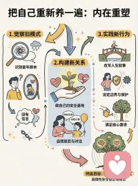 把自己重新养一遍：内在重塑
总觉得缺乏安全感，在关系里容易焦虑或回避？这也许源于早年的不安全依恋模式。真正的“重养”，不只是物质满足，而是心理层面上的再抚育。✨
 
内在重塑路径：
🧠 觉察旧脚本：看见内心那个严厉的“批评家”，识别恐惧驱动的旧模式。
🫂 构建新关系：激活内在的“滋养型父母”，用无条件的爱和情绪涵容，做自己最稳固的安全基地。
🛡️ 实践新行为：建立健康边界，主动回应自己的核心需求，改写人生叙事。
 
这是一场从不安全依恋走向“获得性安全依恋”的旅程。请温柔地对自己，做自己最好的父母，你值得拥有稳固的内在力量。💖配图