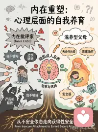 把自己重新养一遍：内在重塑
总觉得缺乏安全感，在关系里容易焦虑或回避？这也许源于早年的不安全依恋模式。真正的“重养”，不只是物质满足，而是心理层面上的再抚育。✨
 
内在重塑路径：
🧠 觉察旧脚本：看见内心那个严厉的“批评家”，识别恐惧驱动的旧模式。
🫂 构建新关系：激活内在的“滋养型父母”，用无条件的爱和情绪涵容，做自己最稳固的安全基地。
🛡️ 实践新行为：建立健康边界，主动回应自己的核心需求，改写人生叙事。
 
这是一场从不安全依恋走向“获得性安全依恋”的旅程。请温柔地对自己，做自己最好的父母，你值得拥有稳固的内在力量。💖配图