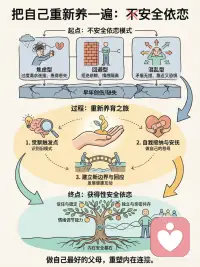 把自己重新养一遍：内在重塑
总觉得缺乏安全感，在关系里容易焦虑或回避？这也许源于早年的不安全依恋模式。真正的“重养”，不只是物质满足，而是心理层面上的再抚育。✨
 
内在重塑路径：
🧠 觉察旧脚本：看见内心那个严厉的“批评家”，识别恐惧驱动的旧模式。
🫂 构建新关系：激活内在的“滋养型父母”，用无条件的爱和情绪涵容，做自己最稳固的安全基地。
🛡️ 实践新行为：建立健康边界，主动回应自己的核心需求，改写人生叙事。
 
这是一场从不安全依恋走向“获得性安全依恋”的旅程。请温柔地对自己，做自己最好的父母，你值得拥有稳固的内在力量。💖配图