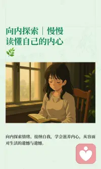 向内探索｜慢慢读懂自己的内心🌿
向内探索是人生最珍贵的旅程，让我们学会接纳情绪、看清自我、释怀遗憾并滋养自己。通过倾听内心，我们逐渐变得从容、自在，找到真正的安全感和力量。配图