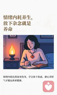 情绪内耗养生，放下杂念就是养命
情绪内耗是亚健康、失眠、胃病等身体问题的根源。学会放下、看淡、放过自己，改变能改变的，接受无法改变的，减少外界干扰，守住内心平静。留出独处时间，适当倾诉，戒掉攀比和焦虑，才能保持身心健康。配图