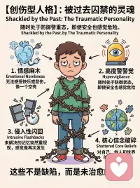深度解构“创伤型人格”
很多时候，过度敏感、容易崩溃或长期的情感麻木，并不是因为你“太脆弱”，而是因为你的神经系统仍被困在过去的残影里。
创伤型人格的底层逻辑与重塑路径。不再内耗，从看清机制开始。👇
 
🧩 现象层：被过去囚禁的灵魂
你以为的“性格缺陷”，其实是大脑未更新的“防御程序”。
高度警觉： 杏仁核处于过载状态，随时像雷达一样扫描威胁，即便在安全环境里也无法放松。
情感麻木： 为了切断痛苦，系统自动屏蔽了所有感受，导致你也无法体验快乐，像一个空壳。
侵入性闪回： 未被海马体妥善处理的记忆碎片，会在毫无防备时突然重演。
核心信念破碎： 潜意识里确信“我不配得到爱”、“世界是极其危险的”。
 
🧩 根源层：追溯未修复的“系统漏洞”
创伤不一定是天崩地裂的单一灾难，它往往源于长期未被看见与修复的生命体验。
童年逆境： 情感忽视、隐性虐待或功能失调的家庭环境。
丧失与离别： 突如其来的情感断裂，未能完成的哀悼。
慢性压力： 长期处于高压、不确定的生存或健康危机中。
💡 核心认知： 创伤不是发生在你身上的事，而是这件事在你内心留下的、未被代谢的印记。
 
🛠️ 03 干预层：和解与深层整合
改变需要跳出纯逻辑的自我说教，让大脑和身体同步“更新系统”。
身体感知释放 (Somatic)： 情绪是有物理重量的。通过觉察身体的紧绷，利用呼吸或物理抖动，释放卡在神经系统里的应激激素。
重建内在依恋： 停止自我攻击，尝试以旁观者的视角，给予内心那个受惊的“小孩”无条件的接纳。
专业干预： 必要时，引入CBT（认知行为疗法）或EMDR（眼动脱敏），让专业人士协助你重新加工记忆。
 
🔄 04 实践层：建立新的运转模式
治愈不是终点，而是把新的安全感写入日常生活的代码中。
深化日常依恋： 把自我肯定变成每天的习惯，建立能够接住你真实情绪的小型支持网络。
重新叙事： 不再用“受害者”的视角复述过去，而是用“幸存者”和“重建者”的力量去规划当下的生活。
 
💡 总结： 那些让你痛苦的应激反应，是大脑曾经为了保护你而做出的最大努力。它们不是你的错，但重塑自我，是你现在的课题。配图