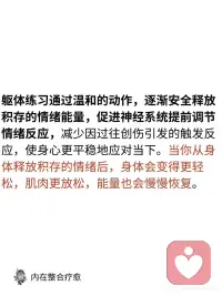 如果你不表达，它会被身体储存，不释放的情绪
当你压抑情绪时，神经系统会感受到影响。未表达的情绪不会消失，而是储存在神经系统中，等待被触发时爆发。这种持续压抑会导致神经系统失调，压力和创伤在体内积累。
如果你压抑情绪，可能会出现：
• 因小事情绪失控
• 慢性身体紧张，如肩颈酸痛
• 持续疲劳感
• 不明原因的易怒或焦虑
• 睡眠障碍
• 消化不良，如胃痛
• 注意力难集中
• 频繁头痛
• 容易感到不堪重负
• 情绪波动大
躯体练习能有效释放这些被压抑的情绪，帮助神经系统恢复平衡。
 
随着情绪的逐步释放，神经系统逐渐恢复平衡，常见的积极变化包括：身心放松、睡眠改善、专注力提升、情绪更为稳定，人际互动也更加顺畅。配图