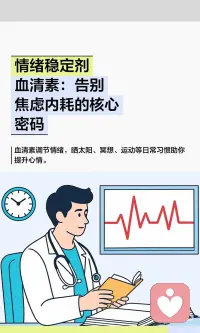 情绪稳定剂血清素：告别焦虑内耗的核心密码
很多人不知道，我们的情绪“稳不稳”，很大程度上和血清素有关。它就像大脑的“情绪调节剂”，能帮我们对抗焦虑、低落和内耗。
 
分享几组日常可践行、亲测有效的血清素提升方法：
✅ 每日晒太阳10分钟，阳光是催生血清素最好的天然来源
✅ 坚持冥想、深呼吸，给紧绷的大脑按下暂停键
✅ 走进自然绿植中漫步，绿意快速抚平内心浮躁
✅ 保持规律运动、充足睡眠，认真吃好每一餐
✅ 坚持感恩练习，每日记录三件温暖小事
✅ 减少过度思虑，不和他人攀比内耗配图