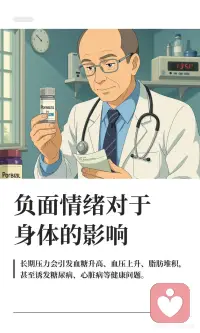 负面情绪对于身体的影响
应激反应产生的肾上腺素可以在2秒钟之内被人体清除掉，但是碰到压力和恐惧后产生的皮质醇，至少要两天时间才能从人体内清除干净。这意味着我们几乎是把两天的能量聚集在一起，让它爆发出来。
如果我们因为某些原因感受到压力，身体产生了皮质醇，但在两天内，原有的皮质醇还未消耗干净，又被施加了新的压力，新的皮质醇又产生了。
皮质醇或压力叠加起来，会发生什么呢？此时，身体就会产生疾病，心理也可能会出现问题。皮质醇又叫压力激素，伴随着应激反应到来，提高血糖水平，让我们准备战斗。血糖升高，才能快速转化能量。如果长期维持在压力激素即皮质醇很高的状态下，血糖水平就会变得越来越高，甚至可能导致糖尿病。与此同时，血压也会升高，如果连续两天都没把血压降下来，连续血压升高，可能会演变成高血压病，甚至心脏病和中风也都有可能接踵而来。
此外，为了让我们能够长期保持战斗力，皮质醇会把储存的脂肪变成血脂，血脂可以快速地转化。一个长期压力很大的人，会怎么样？他会变胖。大家可以摸摸自己的小腹，小腹上那一圈也叫压力肥。如果感到太大压力，我们可以适当给自己放假。如果我们在忙于活命的时候，正好身上还有一个小伤口，但任何伤口的修复都需要能量，对比活命和身上的小伤口，我们的身体会主要照顾哪一个？当然会首先照顾活命，那小伤口会不会愈合呢？不会愈合，甚至可能慢慢变成溃疡。长时间的溃疡，我们的T淋巴细胞功能皮质醇是压力激素，短期内可提高血糖和血压，长期积累可能导致糖尿病、高血压、心脏病和中风。它还促使脂肪转化为血脂，使人变胖，并影响伤口愈合和免疫功能，甚至可能引发癌症。适当放松和管理压力至关重要。会受到影响，进而导致身体的免疫机能下降，长此以往，甚至可能会演变成癌症。如果我们大部分的负面情绪不被消除，也会产生压力，这种压力也会导致癌症。配图