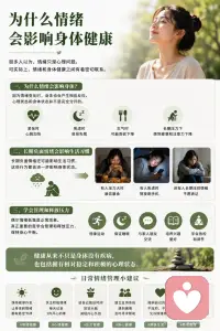 《为什么情绪会影响身体健康》
很多人以为，情绪只是心理问题。
可实际上，情绪和身体健康之间有着密切联系。
为什么情绪会影响身体？
因为情绪变化时，身体也会产生相应反应。
紧张时心跳加快；
焦虑时容易失眠；
生气时可能食欲下降；
长期压力下甚至会感到疲惫和注意力下降。
这些都说明，心理状态和身体状态并不是完全分开的。
长期负面情绪还可能影响生活习惯。
有人压力大时暴饮暴食；
有人焦虑时熬夜刷手机；
还有人长期压抑情绪、不愿表达。
这些行为都会进一步影响身体状态。
当然，偶尔情绪低落是正常现象。
真正重要的是学会管理和释放压力。
保持规律运动、保证睡眠、与家人朋友交流，以及培养兴趣爱好，都有助于维持身心平衡。
健康从来不只是身体没有疾病。
也包括拥有相对稳定和积极的心理状态。配图