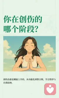 你在创伤的哪个阶段？
创伤疗愈是一个螺旋上升的过程，分为六个阶段：觉察痛苦、分辨模式、避免自我攻击、整合情绪、主动选择反应、最终实现整合。修复不是变得完美，而是不再向内攻击，保持真实感受，处理旧内容，让创伤不再主导生活。配图