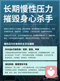 健康科普｜压力如何摧毁你的身心大脑
🔍 什么是压力？
压力生理学上称为应激反应，是人体面对外界刺激、心理负荷时启动的自我防御机制。人体依靠HPA轴分泌皮质醇、肾上腺素，调动身体能量应对危机。适度良性压力可提升专注力与行动力，但日常的焦虑、内耗、疲惫等劣性压力，会持续损伤身心，主要分为急性与慢性两类。
 
⚡ 短期急性压力：临时应急、可逆恢复
急性压力是突发、短暂的刺激，如临场紧张、临时紧急工作等，属于正常生理保护机制，无长期伤害。身体会快速调动机能：心跳加快、血压升高、肌肉紧绷、血糖上升，肠胃蠕动暂时放缓，全身心进入备战状态。同时大脑活跃度提升，专注力、反应力短暂增强。压力消失后，激素快速回落，身心可完全恢复，无后遗症。
 
🕳️ 长期慢性压力：不可逆的身心损耗
长期职场内卷、情绪内耗、持续焦虑等数月甚至数年的慢性压力，会让HPA轴持续亢奋，皮质醇居高不下，造成身体与大脑的实质性损伤，大多难以修复。
 
身体损伤：代谢紊乱引发压力肥、脱发、爆痘、早衰、月经不调；肠胃神经敏感，易诱发胃炎、肠易激综合征，反复腹胀腹泻；免疫力持续下降，频繁感冒过敏；血管长期收缩，引发心慌心悸，埋下心血管隐患；昼夜节律紊乱，导致顽固性失眠、越熬越焦虑。
 
大脑损伤：高皮质醇会损伤大脑结构，造成不可逆影响。海马体神经元受损萎缩，导致记忆力、理解力大幅下降；杏仁核异常活跃，让人敏感易怒、情绪内耗、极易崩溃；前额叶皮层功能退化，出现专注力缺失、自控力变差、思绪混乱、做事拖延等问题。配图