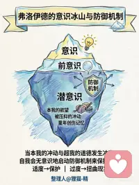 弗洛伊德潜意识冰山和经典防御机制
🚨停止自我欺骗！弗洛伊德10大心理防御机制，你每天都在用
你嘴上说“我没事”，心里真的没事吗？我们的大脑是个顶级“骗子”，为了保护你，它会自动开启这些防御模式。
弗洛伊德认为，当本我、自我、超我冲突引发焦虑时，自我会无意识地动用防御机制，适度能保护自己，过度则扭曲现实。看看你中招了吗👇
1️⃣ 压抑
把痛苦记忆或冲动压进潜意识。比如彻底忘记童年被霸凌的经历，却莫名恐惧上学。
2️⃣ 否认
拒绝承认事实。如伴侣出轨证据确凿，还安慰自己“他只是玩玩”。
3️⃣ 投射
“不是我，是你！”自己吝啬却总觉别人算计他，把内心不可接受的欲望归到别人身上。
4️⃣ 反向形成
无意识用相反行为掩盖真实动机。暗恋一个人，却故意刁难对方、装出讨厌的样子。
5️⃣ 合理化
酸葡萄/甜柠檬心理。面试失败就说“那家公司本来就不行”，用看似合理的借口缓解挫败感。
6️⃣ 升华
把性和攻击冲动转化为社会认可的行为。失恋后写出小说或拼命健身，健康宣泄能量。
7️⃣ 退行
一遇压力就咬指甲、暴食、无理取闹，退回到孩童状态，逃避成人的责任。
8️⃣ 转移（踢猫效应）
被老板骂，不敢回嘴，回家冲伴侣发火。情绪没消失，只是换了安全的靶子。
9️⃣ 理智化
用过度思考隔离情感。亲人离世，却冷静研究葬礼流程和数据，就是不谈悲伤。
🔟 抵消
用象征性行为消除罪恶感。对伴侣有性幻想后，突然特别殷勤地做家务，以此平衡焦虑。
防御机制不是病，但不自知的依赖会让你活成一座孤岛。觉察，才是打破循环的第一步。
目前防御机制有101种，其中有10种是弗洛伊德当年提出的，还有一些是后世心理学家研究增补的。配图