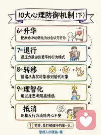 弗洛伊德潜意识冰山和经典防御机制
🚨停止自我欺骗！弗洛伊德10大心理防御机制，你每天都在用
你嘴上说“我没事”，心里真的没事吗？我们的大脑是个顶级“骗子”，为了保护你，它会自动开启这些防御模式。
弗洛伊德认为，当本我、自我、超我冲突引发焦虑时，自我会无意识地动用防御机制，适度能保护自己，过度则扭曲现实。看看你中招了吗👇
1️⃣ 压抑
把痛苦记忆或冲动压进潜意识。比如彻底忘记童年被霸凌的经历，却莫名恐惧上学。
2️⃣ 否认
拒绝承认事实。如伴侣出轨证据确凿，还安慰自己“他只是玩玩”。
3️⃣ 投射
“不是我，是你！”自己吝啬却总觉别人算计他，把内心不可接受的欲望归到别人身上。
4️⃣ 反向形成
无意识用相反行为掩盖真实动机。暗恋一个人，却故意刁难对方、装出讨厌的样子。
5️⃣ 合理化
酸葡萄/甜柠檬心理。面试失败就说“那家公司本来就不行”，用看似合理的借口缓解挫败感。
6️⃣ 升华
把性和攻击冲动转化为社会认可的行为。失恋后写出小说或拼命健身，健康宣泄能量。
7️⃣ 退行
一遇压力就咬指甲、暴食、无理取闹，退回到孩童状态，逃避成人的责任。
8️⃣ 转移（踢猫效应）
被老板骂，不敢回嘴，回家冲伴侣发火。情绪没消失，只是换了安全的靶子。
9️⃣ 理智化
用过度思考隔离情感。亲人离世，却冷静研究葬礼流程和数据，就是不谈悲伤。
🔟 抵消
用象征性行为消除罪恶感。对伴侣有性幻想后，突然特别殷勤地做家务，以此平衡焦虑。
防御机制不是病，但不自知的依赖会让你活成一座孤岛。觉察，才是打破循环的第一步。
目前防御机制有101种，其中有10种是弗洛伊德当年提出的，还有一些是后世心理学家研究增补的。配图