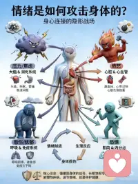 原来情绪会留在身体里
你有没有过这种经历？
明明体检报告没大问题，却总觉得这里酸、那里疼，睡不好也吃不香…
其实，你的身体早就替你，把情绪都记在“地图”上了。
🌪️ 不同情绪，攻击的身体部位也不同
就像第一张图里说的，不同的情绪，会精准攻击我们的不同系统：
- 压力/焦虑 先冲垮大脑和消化系统，头痛、失眠、胃痛、肠易激找上门
- 愤怒 直接暴击心脏和心血管，高血压、心率快，心脏负荷直接拉满
- 悲伤/忧郁 会困住呼吸和免疫系统，胸闷、乏力、免疫力断崖式下降
- 恐惧 则攥紧肌肉和内分泌，肩颈僵痛、肾上腺飙升，整个人都绷成了弦
而第二张图更戳人：
那些没说出口的情绪，早就变成了身体的信号——
牙齿发酸，是对过去的不甘在啃咬你；
肩膀发沉，是背负的压力在往下坠；
胸闷气短，是没释放的情绪，把心关进了笼子里。
💡 情绪攻击身体，不是玄学，是真实的生理反应
当情绪来袭时，我们的身体会进入应激模式：
皮质醇飙升、交感神经兴奋、肌肉持续紧张…
一次两次，身体还能扛住；
长期反复，这些情绪就会变成慢性伤害，慢慢磨掉我们的健康。
就像图里的闭环：情绪触发→生理反应→身体损伤，最后又反过来放大负面情绪，陷入死循环。
🛡️ 我们能做的，不是压抑情绪，而是读懂信号
不用逼自己立刻“正能量”，也不用骂自己“想太多”。
当身体发出这些信号时，先停下来问问自己：
我最近是不是太累了？是不是有情绪没被看见？
可以试试这几步，帮身体“松绑”：
1. 给情绪命名：别只说“我难受”，试着说“我现在很焦虑/委屈/愤怒”，命名本身就是一种释放
2. 给身体松绑：紧张的时候，做3次深呼吸，或者拉伸一下紧绷的肩颈，先把生理反应降下来
3. 给情绪找出口：写下来、说出来、动起来，别让情绪烂在身体里
✨ 最后想说：
情绪从来不是我们的敌人，而是身体给我们的提醒。
调节情绪，从来不是为了“开心”，而是为了守护我们的身体，不被情绪偷偷攻击。配图
